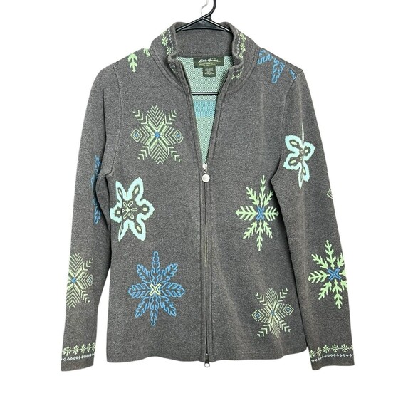 VINTAGE Eddie Bauer Women Sweater Med Gray Cardigan Snow Flakes Full Zip 90s - Picture 1 of 11